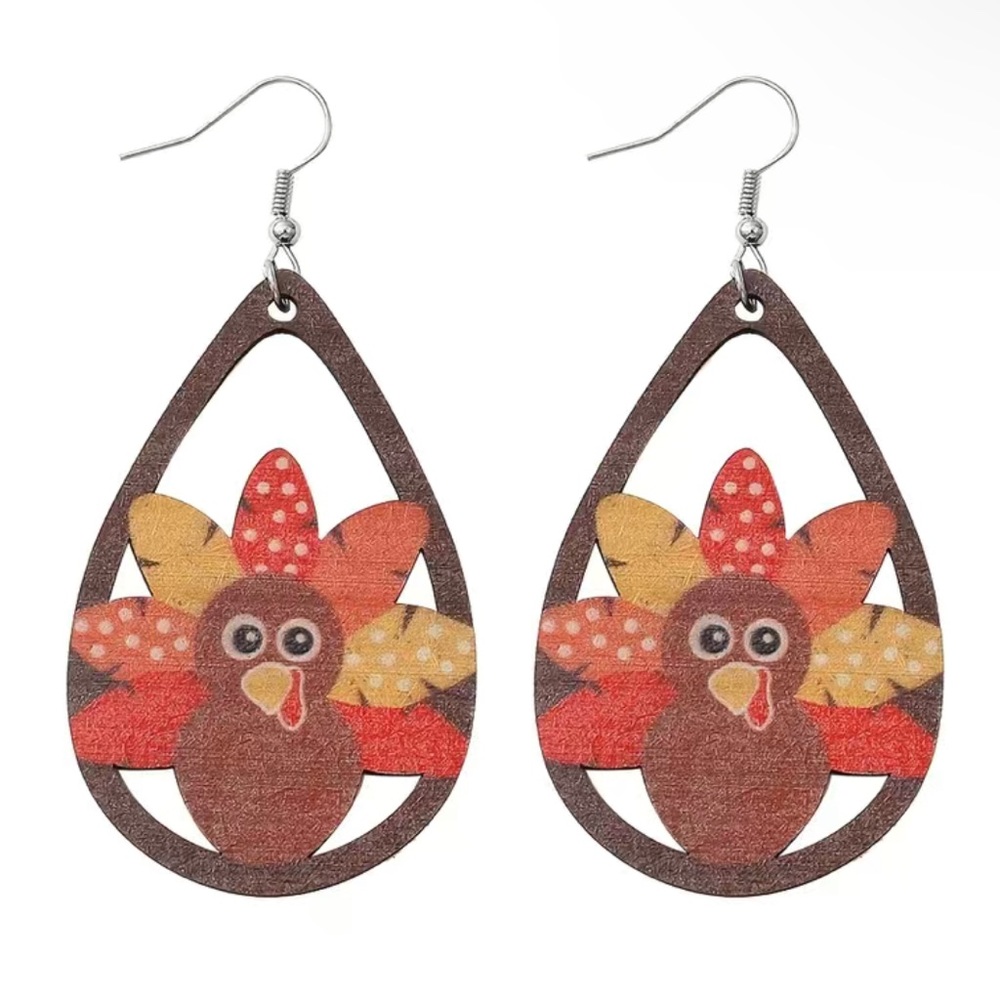 Thanksgiving Turkey Wooden Drop Earrings - NEW